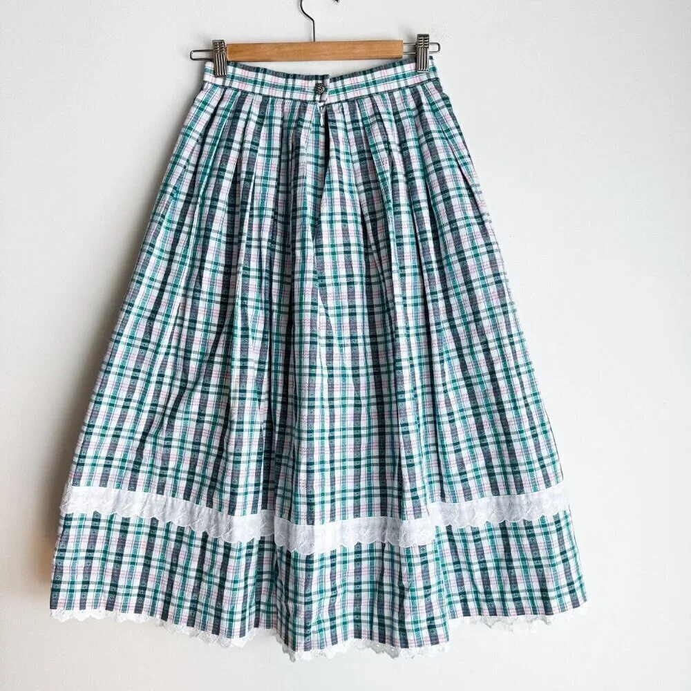 Vintage Check Print Green White Picnic Table Motif Midi Skirt S
